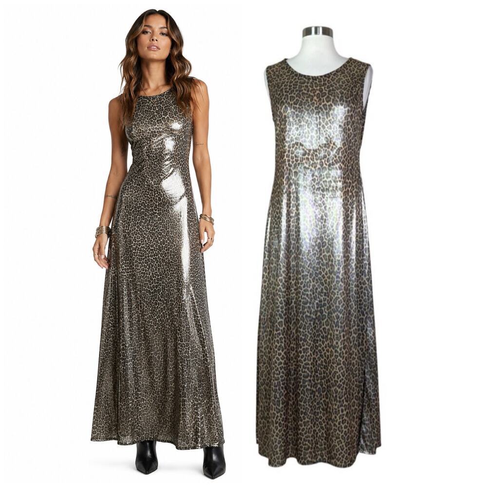 Vintage | Joule 90s Metallic Leopard Cheetah Semi Sheer Sleeveless Maxi Dress M